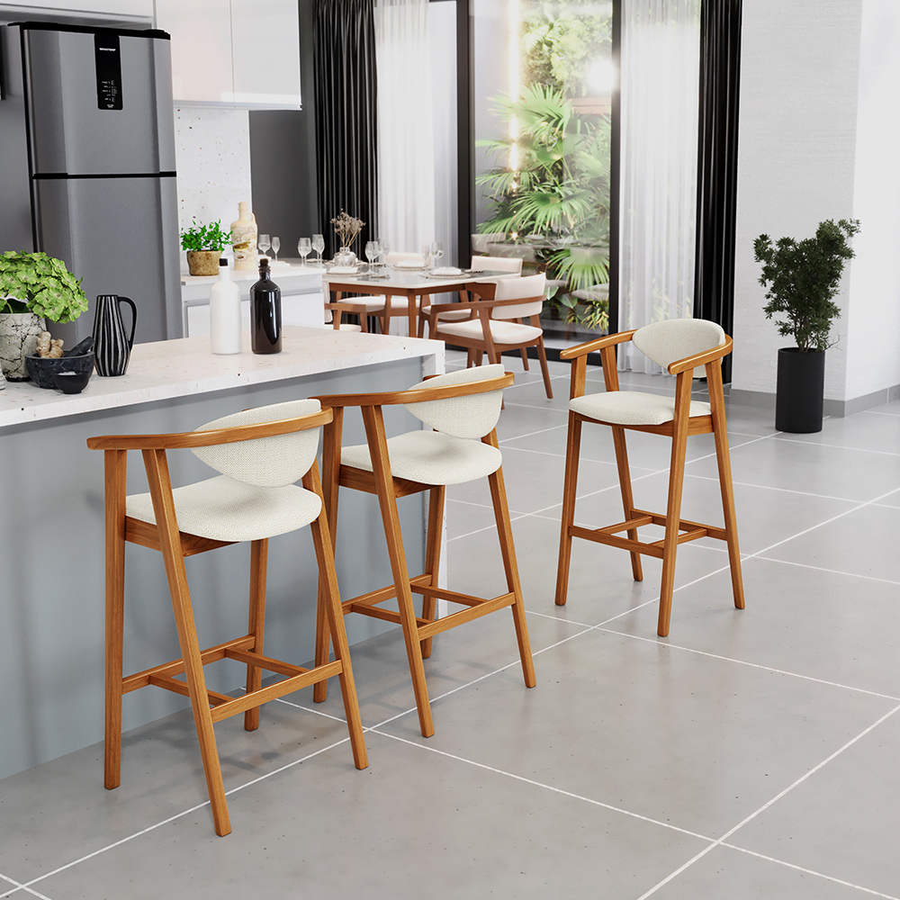 Banqueta Alta Para Cozinha Bancada Bar Sala de Jantar Fixa Cecília L02 Linho Champagne - Lyam