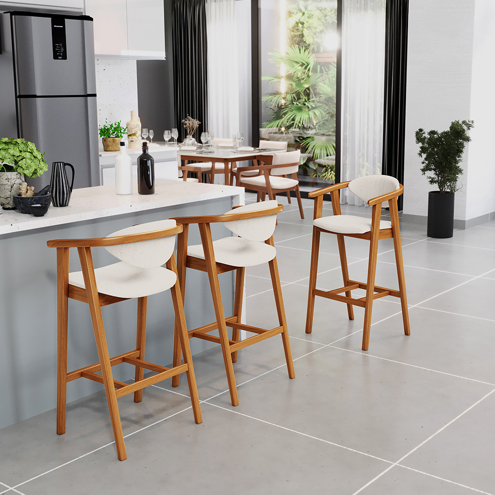 Banqueta Alta Para Cozinha Bancada Bar Sala de Jantar Fixa Cecília L02 Linho Cru - Lyam