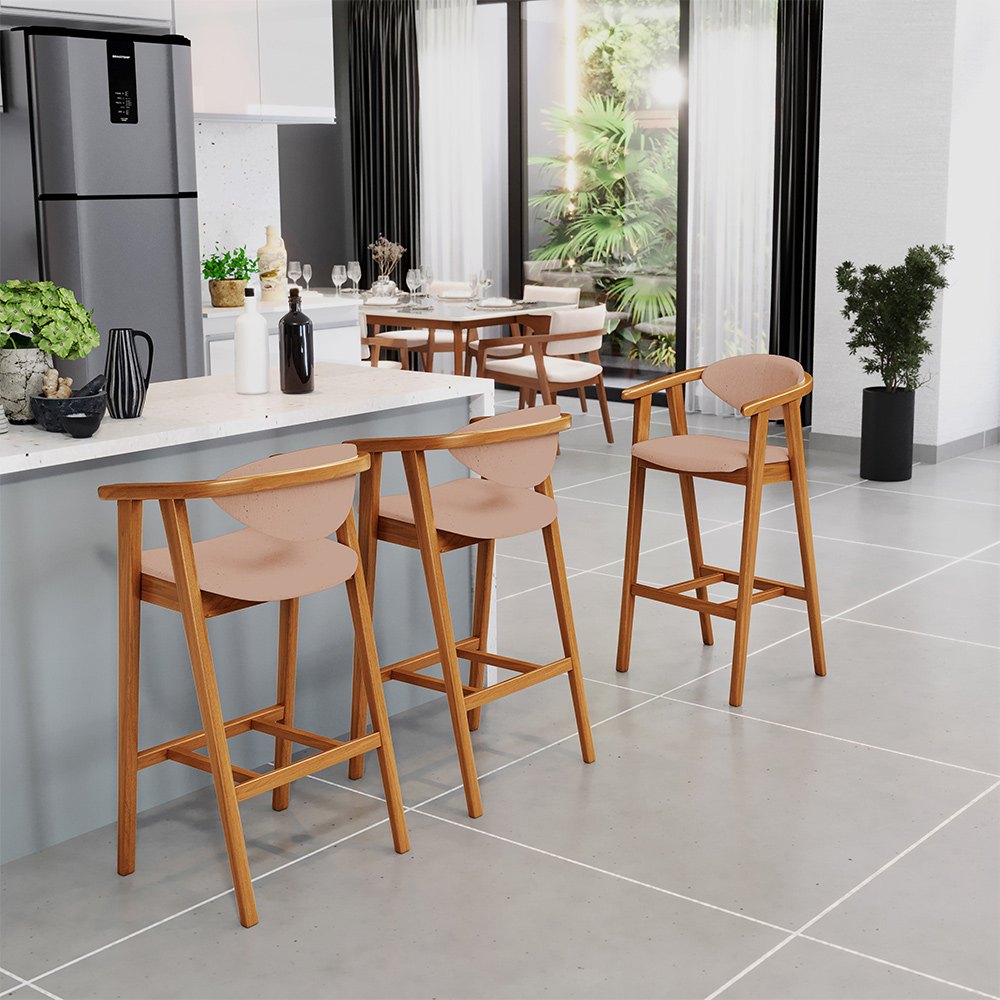 Banqueta Alta Para Cozinha Bancada Bar Sala de Jantar Fixa Cecília L02 Linho Rosê - Lyam
