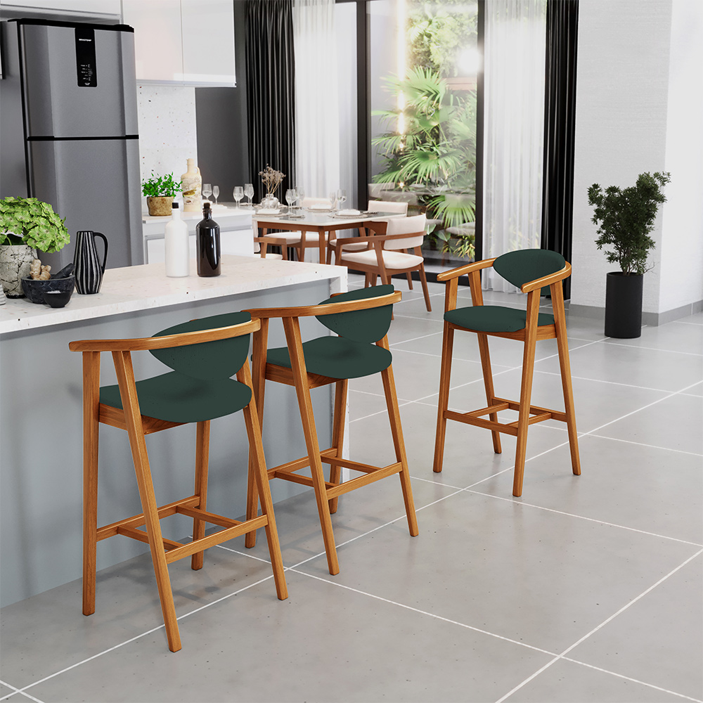 Banqueta Alta Para Cozinha Bancada Bar Sala de Jantar Fixa Cecília L02 Linho Verde Musgo - Lyam