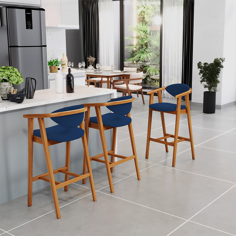 Banqueta Alta Para Cozinha Bancada Bar Sala de Jantar Fixa Cecília L02 Suede Azul Marinho - Lyam