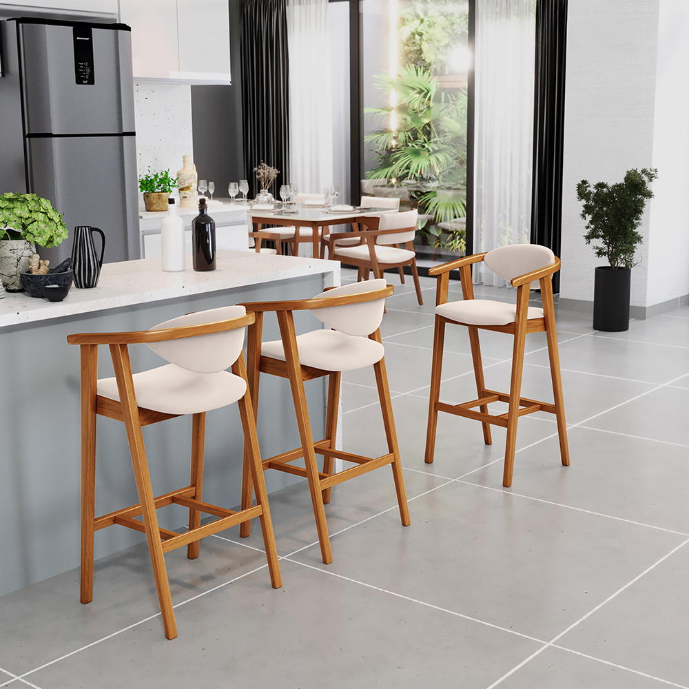 Banqueta Alta Para Cozinha Bancada Bar Sala de Jantar Fixa Cecília L02 Suede Bege - Lyam