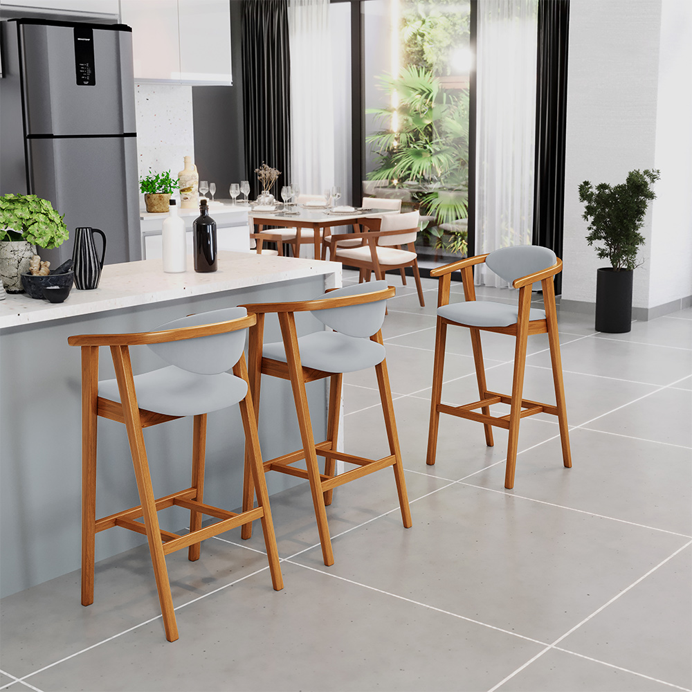 Banqueta Alta Para Cozinha Bancada Bar Sala de Jantar Fixa Cecília L02 Suede Cinza - Lyam