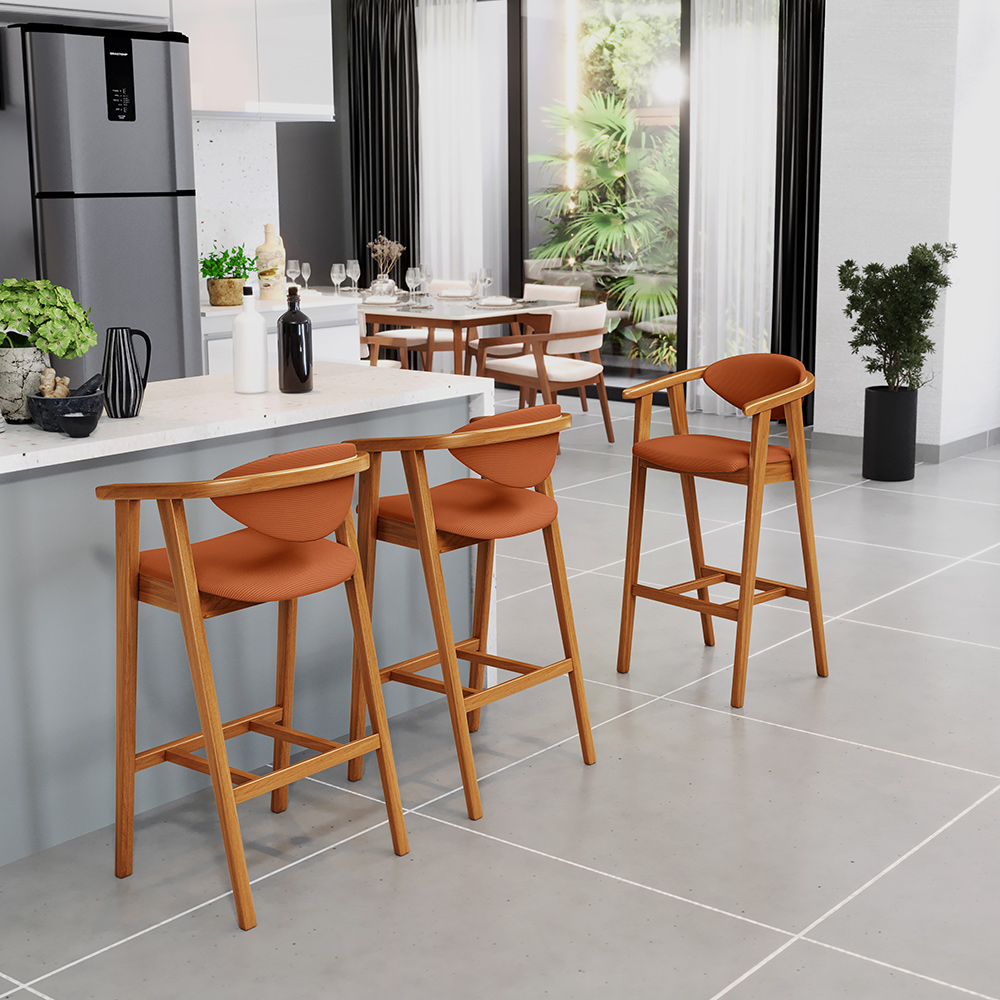 Banqueta Alta Para Cozinha Bancada Bar Sala de Jantar Fixa Cecília L02 Tecido Terracota - Lyam