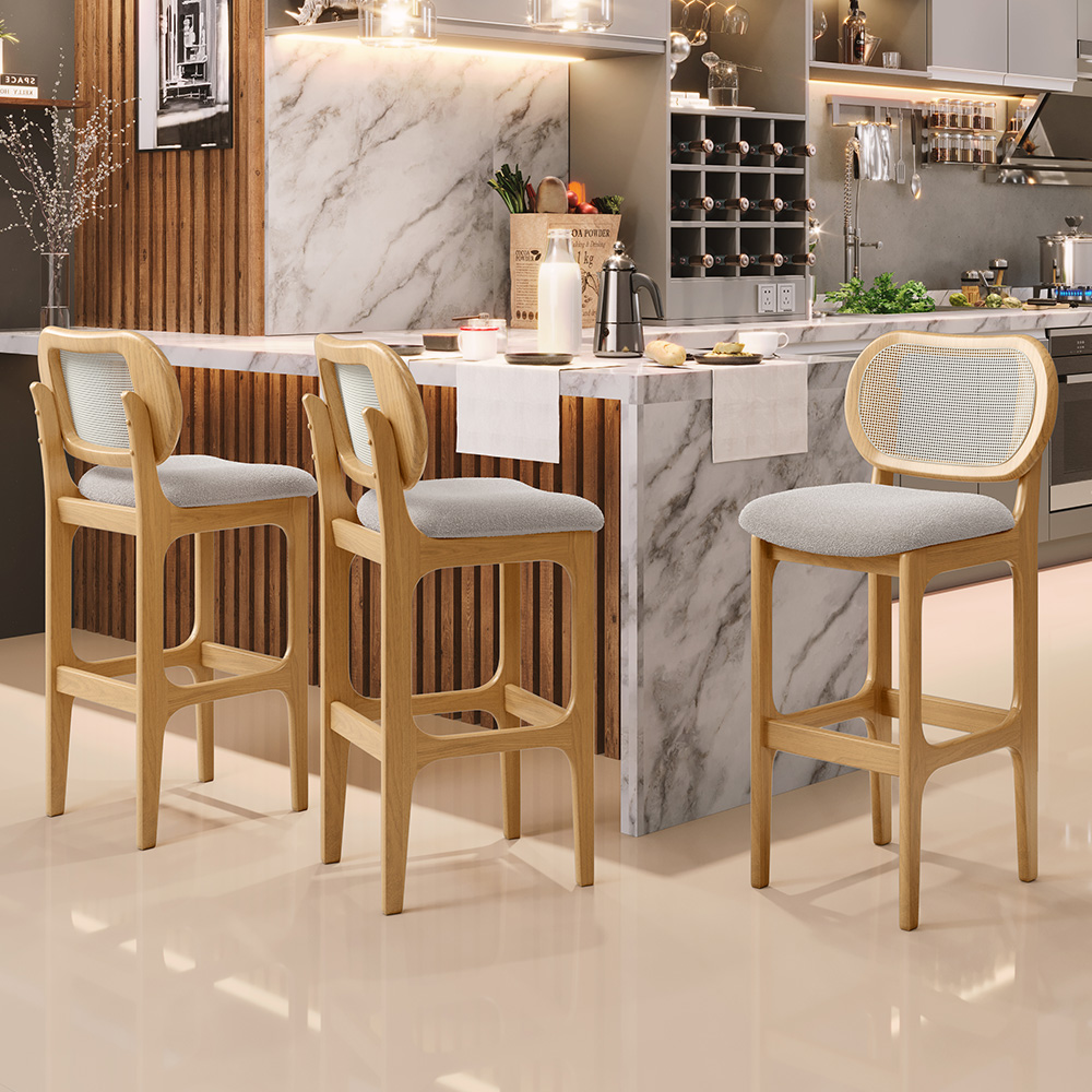 Banqueta Alta Para Cozinha Bancada Sala Tela Betta Fixa L02 Bouclê Creme - Lyam