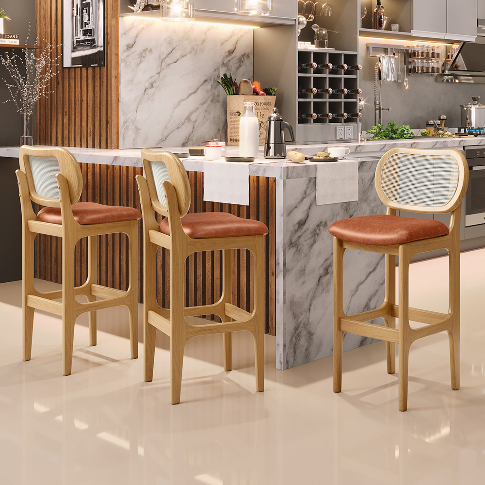 Banqueta Alta Para Cozinha Bancada Sala Tela Betta Fixa L02 Couríssimo Camel - Lyam