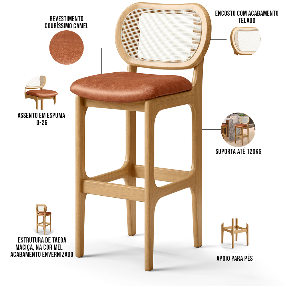 Banqueta Alta Para Cozinha Bancada Sala Tela Betta Fixa L02 Couríssimo Camel - Lyam