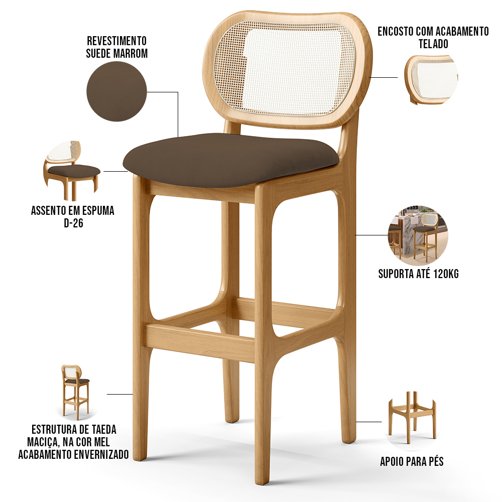 Banqueta Alta Para Cozinha Bancada Sala Tela Betta Fixa L02 Suede Marrom - Lyam