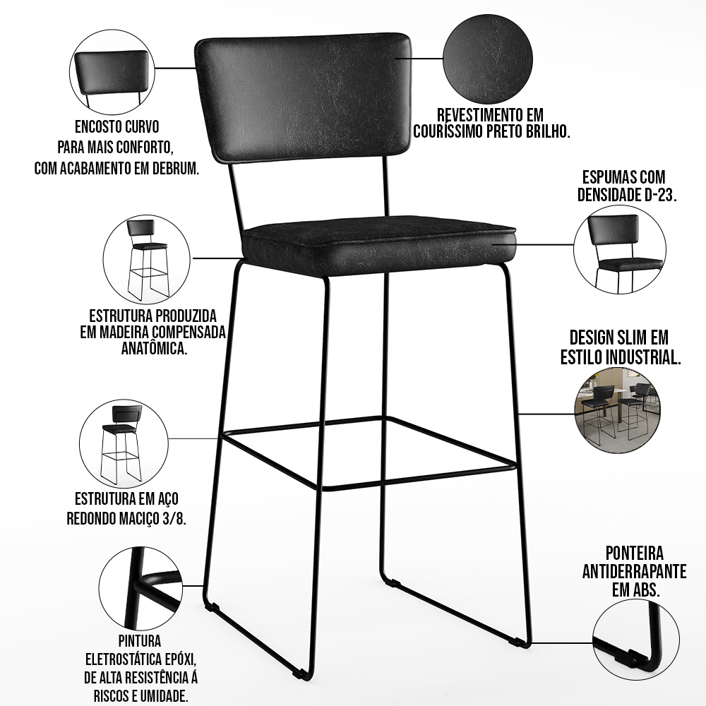Banqueta Alta Para Cozinha E Sala Jantar Base Em Aço Fixa Allana L02 Couríssimo Preto - Lyam Decor