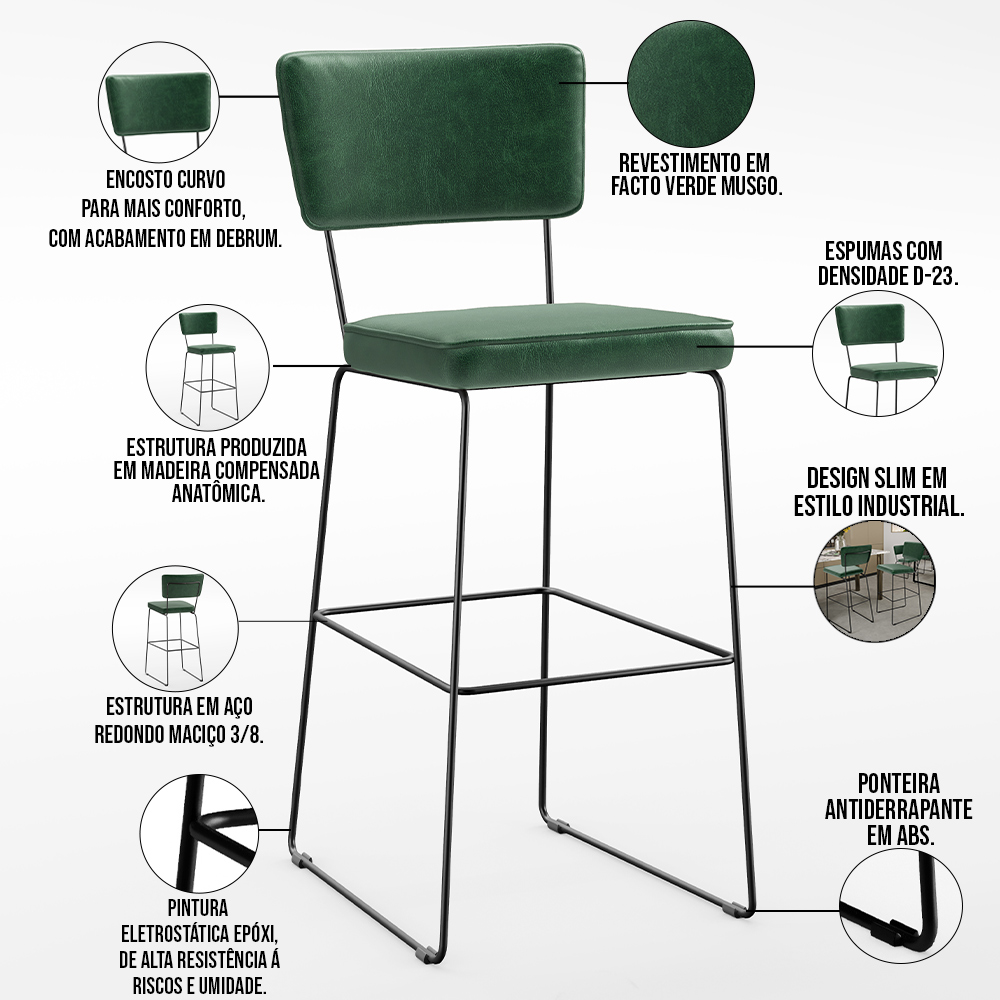 Banqueta Alta Para Cozinha E Sala Jantar Base Em Aço Fixa Allana L02 Facto Verde Musgo - Lyam Decor