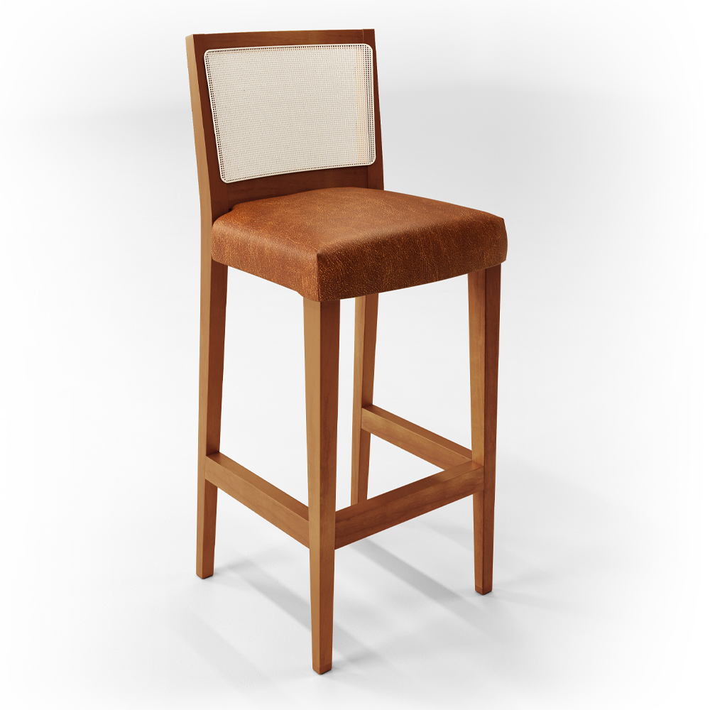 Banqueta Alta Para Cozinha Encosto em Tela Branco Zion L02 Couríssimo Camel - Lyam Decor