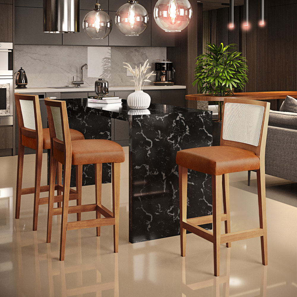 Banqueta Alta Para Cozinha Encosto em Tela Branco Zion L02 Couríssimo Camel - Lyam Decor