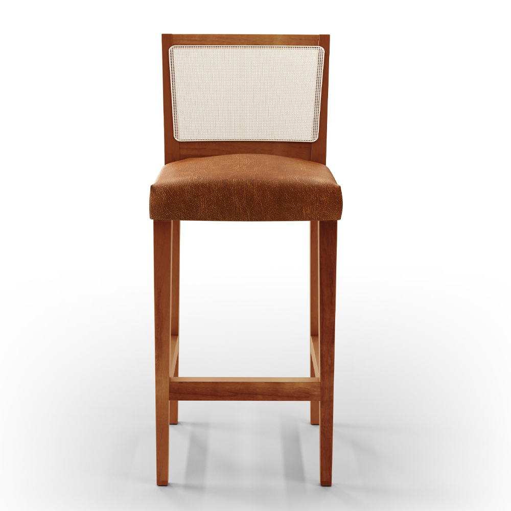 Banqueta Alta Para Cozinha Encosto em Tela Branco Zion L02 Couríssimo Camel - Lyam Decor