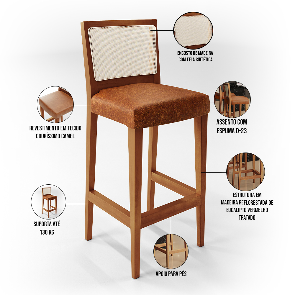 Banqueta Alta Para Cozinha Encosto em Tela Branco Zion L02 Couríssimo Camel - Lyam Decor