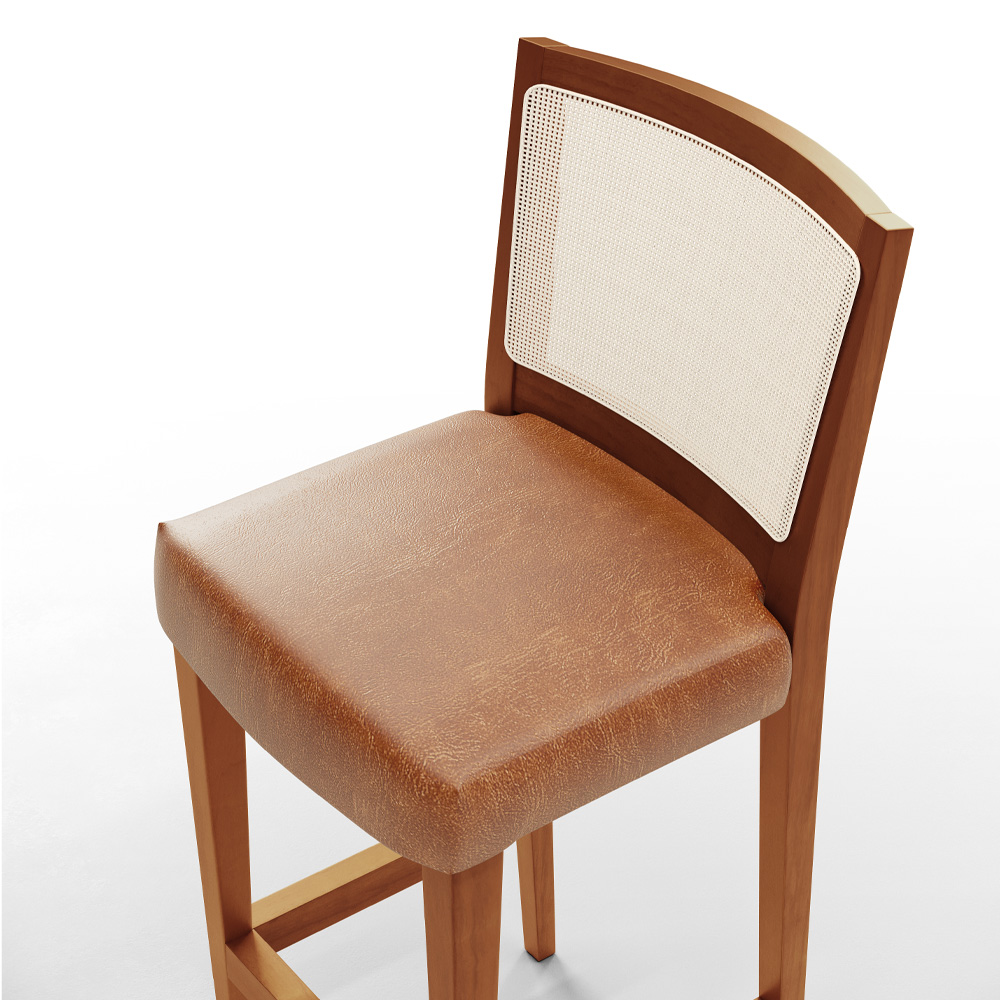 Banqueta Alta Para Cozinha Encosto em Tela Branco Zion L02 Couríssimo Camel - Lyam Decor