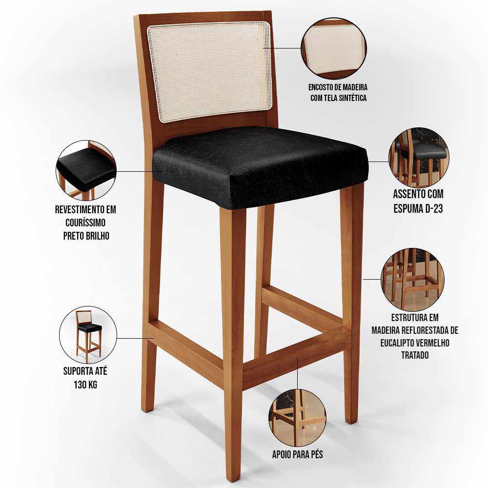 Banqueta Alta Para Cozinha Encosto em Tela Branco Zion L02 Couríssimo Preto Brilho - Lyam Decor