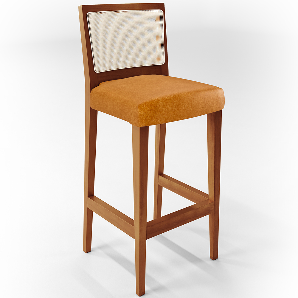 Banqueta Alta Para Cozinha Encosto em Tela Branco Zion L02 Couríssimo Whisky - Lyam Decor