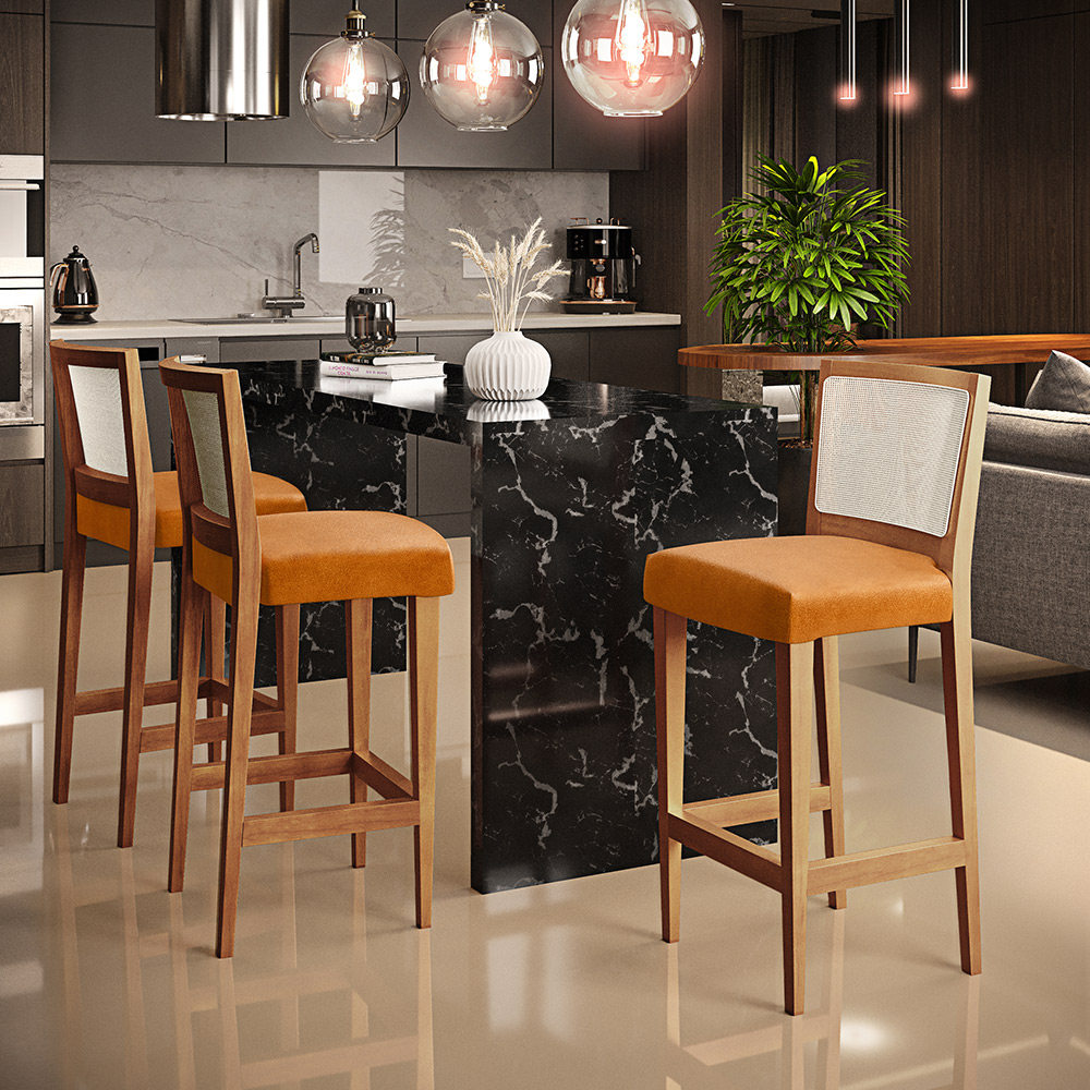 Banqueta Alta Para Cozinha Encosto em Tela Branco Zion L02 Couríssimo Whisky - Lyam Decor