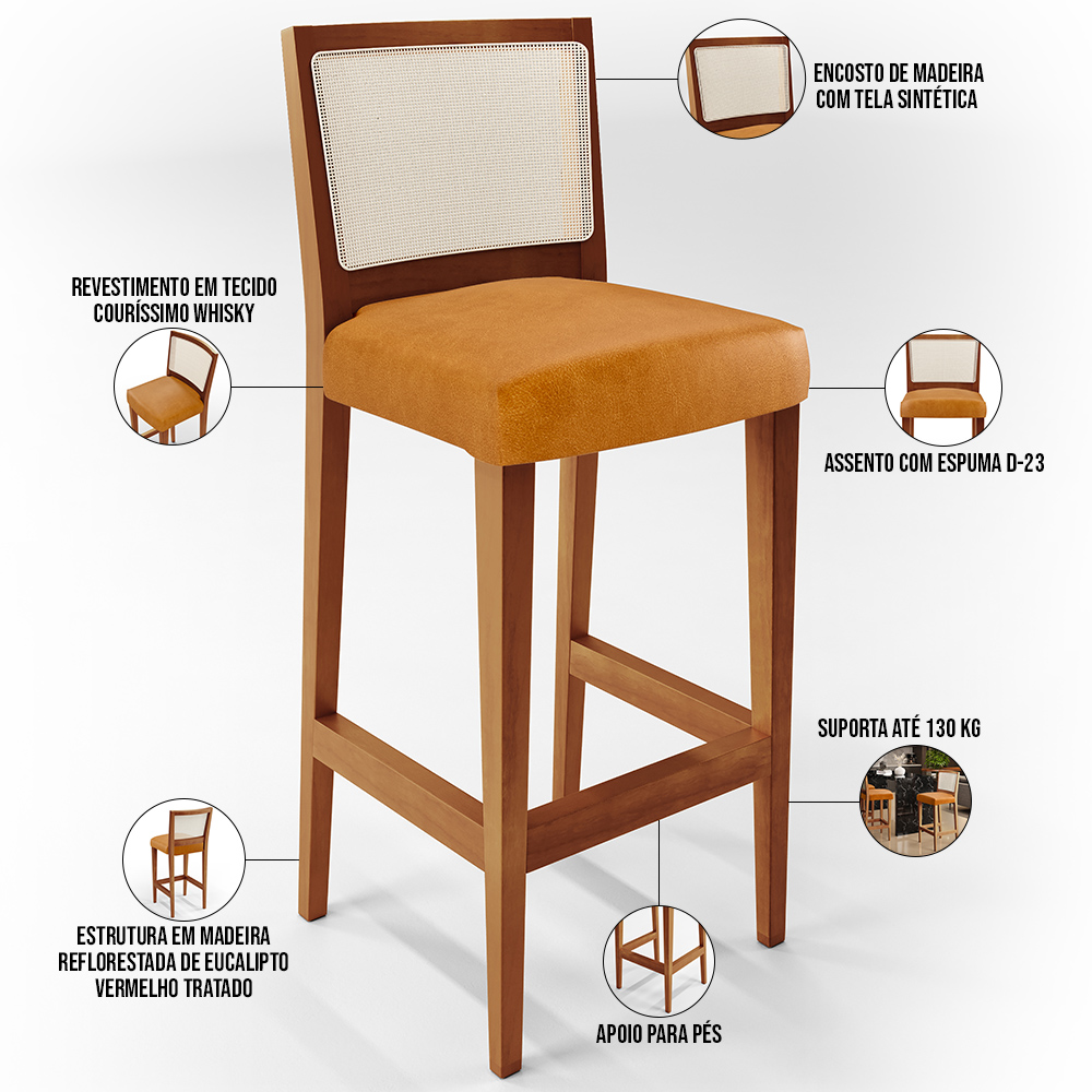 Banqueta Alta Para Cozinha Encosto em Tela Branco Zion L02 Couríssimo Whisky - Lyam Decor