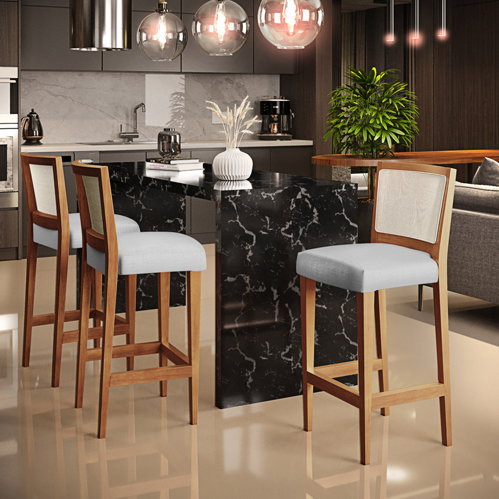 Banqueta Alta Para Cozinha Encosto em Tela Branco Zion L02 Facto Metalizado Cinza - Lyam Decor