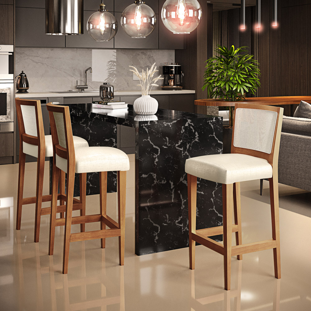 Banqueta Alta Para Cozinha Encosto em Tela Branco Zion L02 Facto Pérola Metalizado - Lyam Decor
