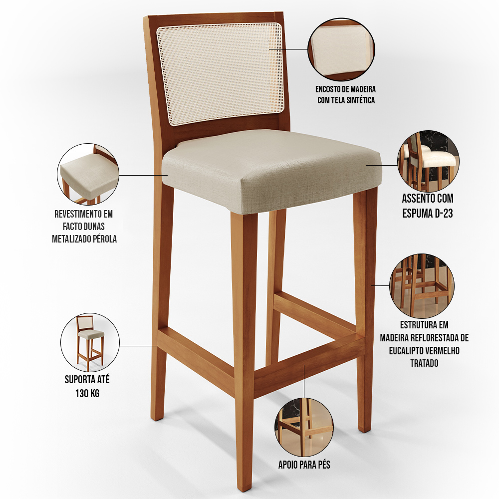 Banqueta Alta Para Cozinha Encosto em Tela Branco Zion L02 Facto Pérola Metalizado - Lyam Decor