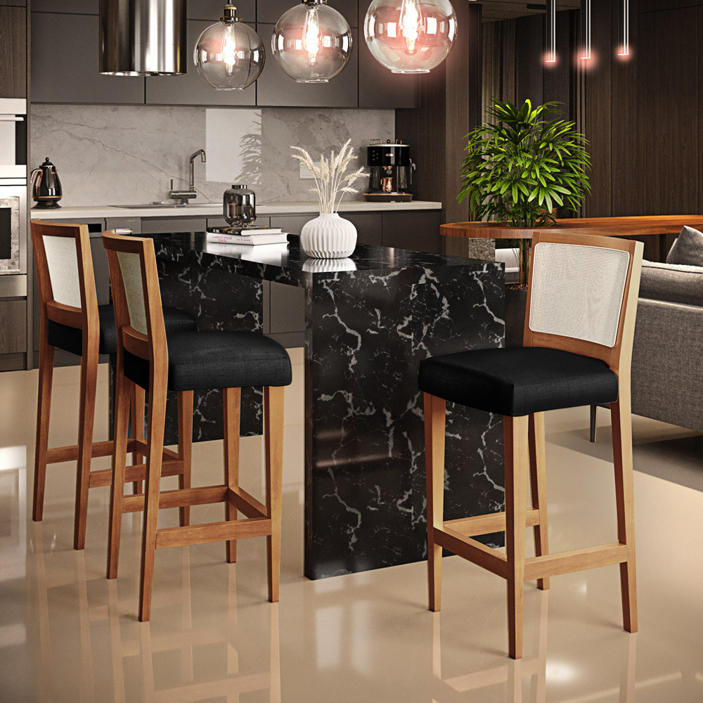 Banqueta Alta Para Cozinha Encosto em Tela Branco Zion L02 Facto Preto Metalizado - Lyam Decor