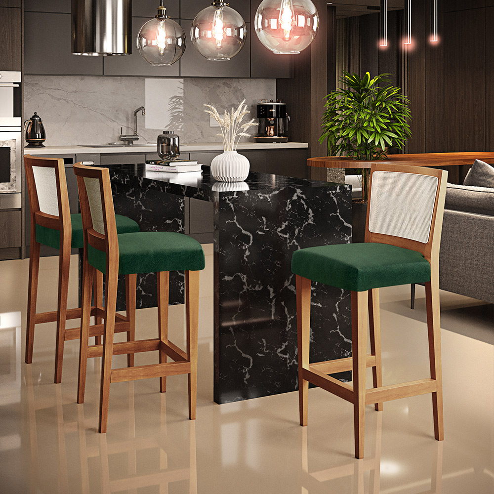 Banqueta Alta Para Cozinha Encosto em Tela Branco Zion L02 Facto Verde Musgo - Lyam Decor