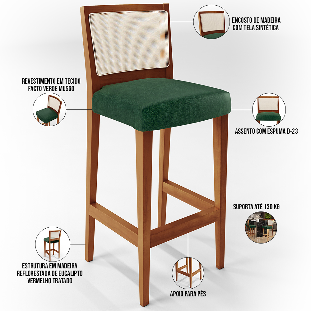 Banqueta Alta Para Cozinha Encosto em Tela Branco Zion L02 Facto Verde Musgo - Lyam Decor
