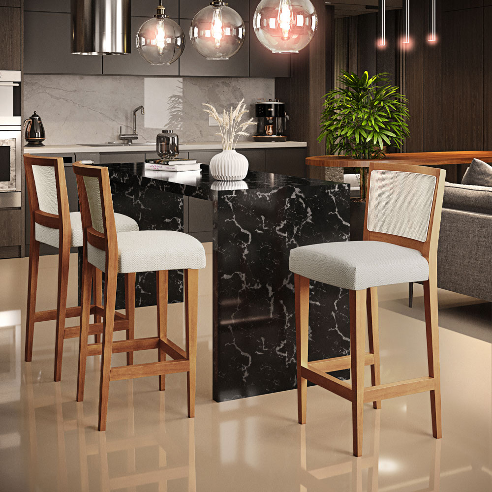 Banqueta Alta Para Cozinha Encosto em Tela Branco Zion L02 Linho Champagne - Lyam Decor