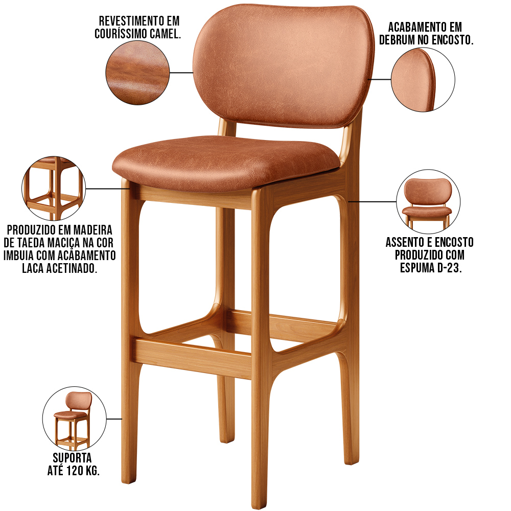 Banqueta Alta Para Cozinha Madeira Fixa Betta L02 Imbuia Couríssimo Camel - Lyam Decor