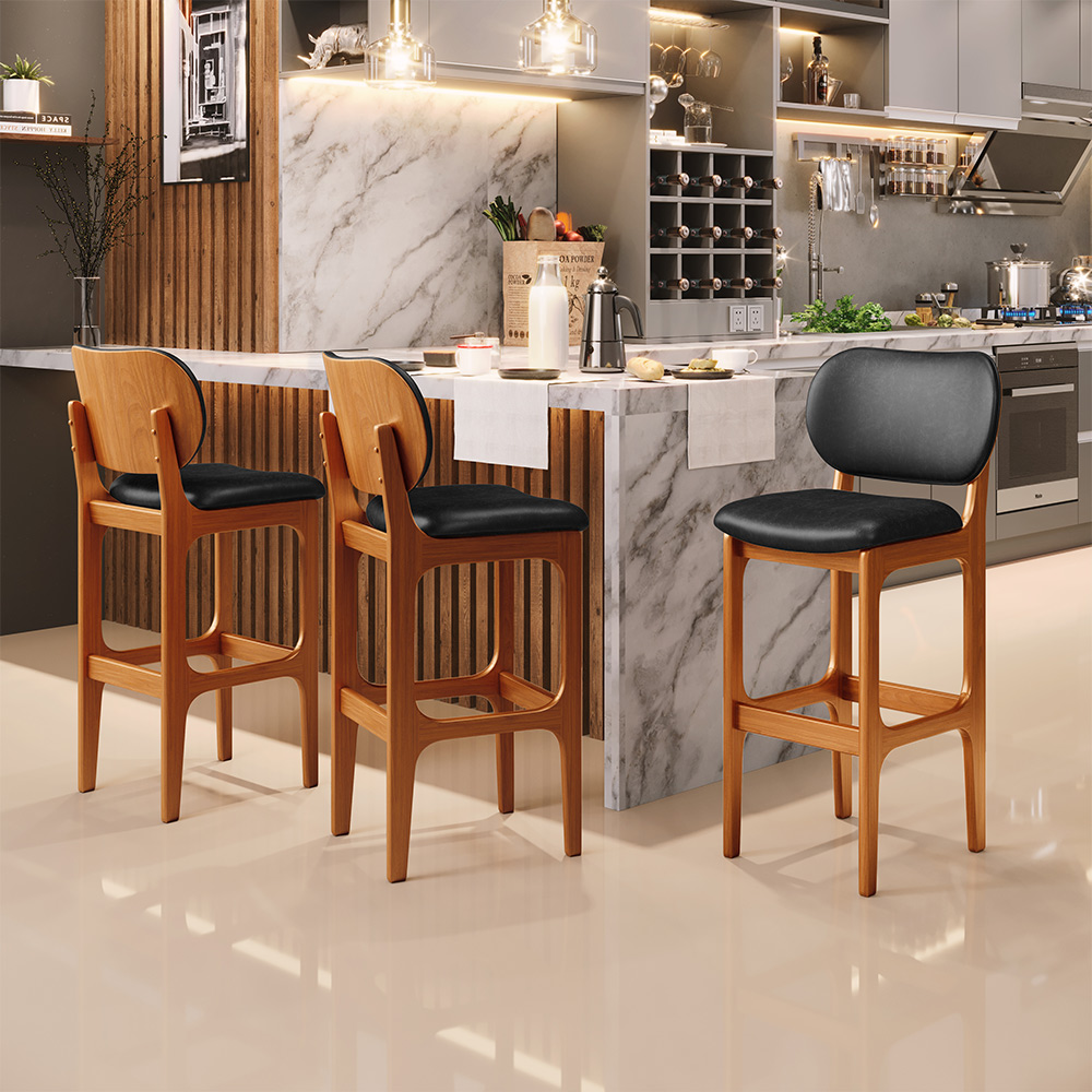 Banqueta Alta Para Cozinha Madeira Fixa Betta L02 Imbuia Couríssimo Preto - Lyam Decor