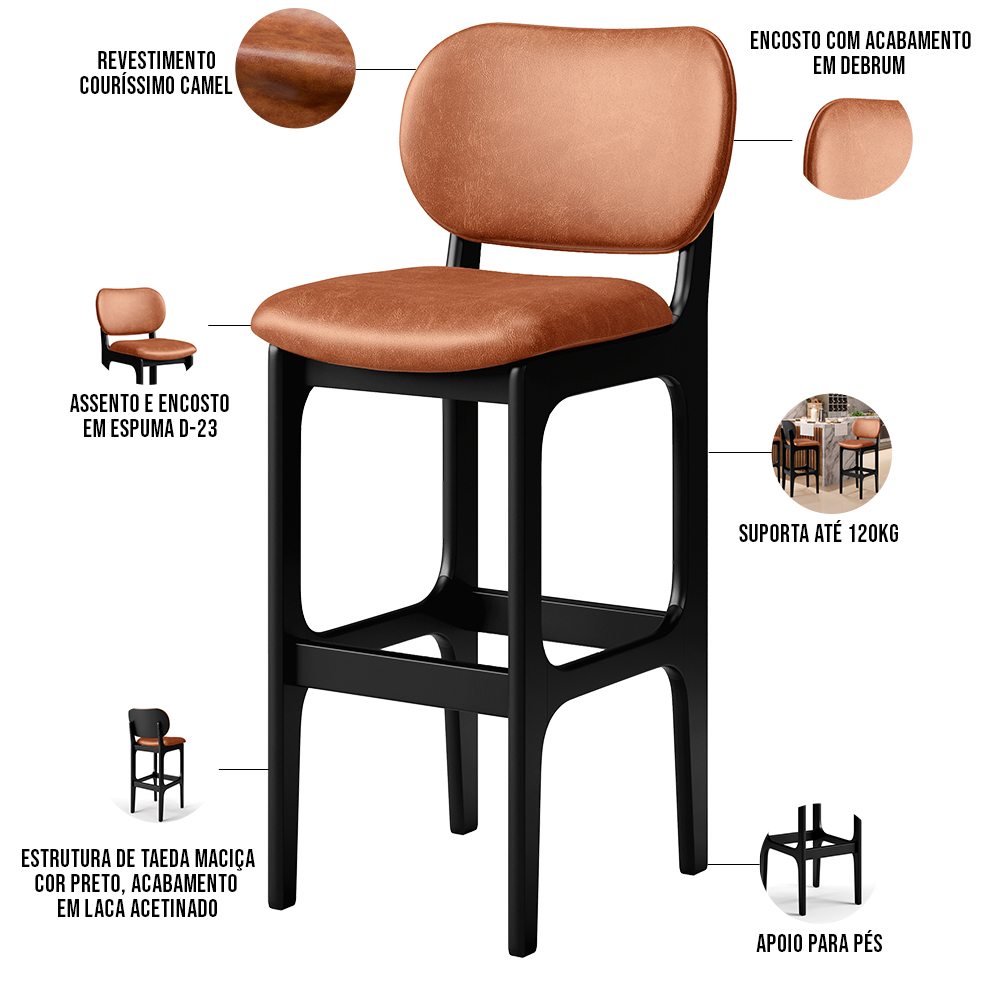 Banqueta Alta Para Cozinha Madeira Fixa Betta L02 Preto Couríssimo Camel - Lyam Decor