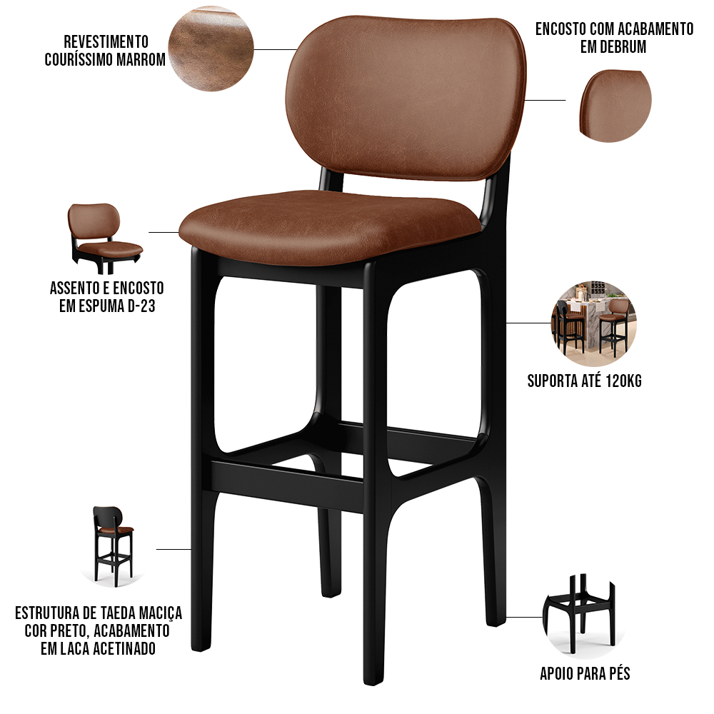 Banqueta Alta Para Cozinha Madeira Fixa Betta L02 Preto Couríssimo Marrom - Lyam Decor