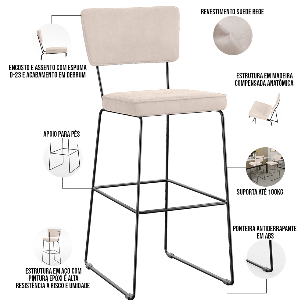 Banqueta Alta Para Cozinha Sala De Jantar Base Em Aço Fixa Allana L02 Suede Bege - Lyam Decor