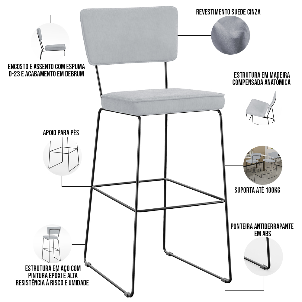 Banqueta Alta Para Cozinha Sala De Jantar Base Em Aço Fixa Allana L02 Suede Cinza - Lyam Decor
