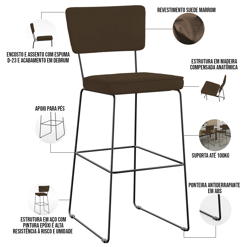 Banqueta Alta Para Cozinha Sala De Jantar Base Em Aço Fixa Allana L02 Suede Marrom - Lyam Decor