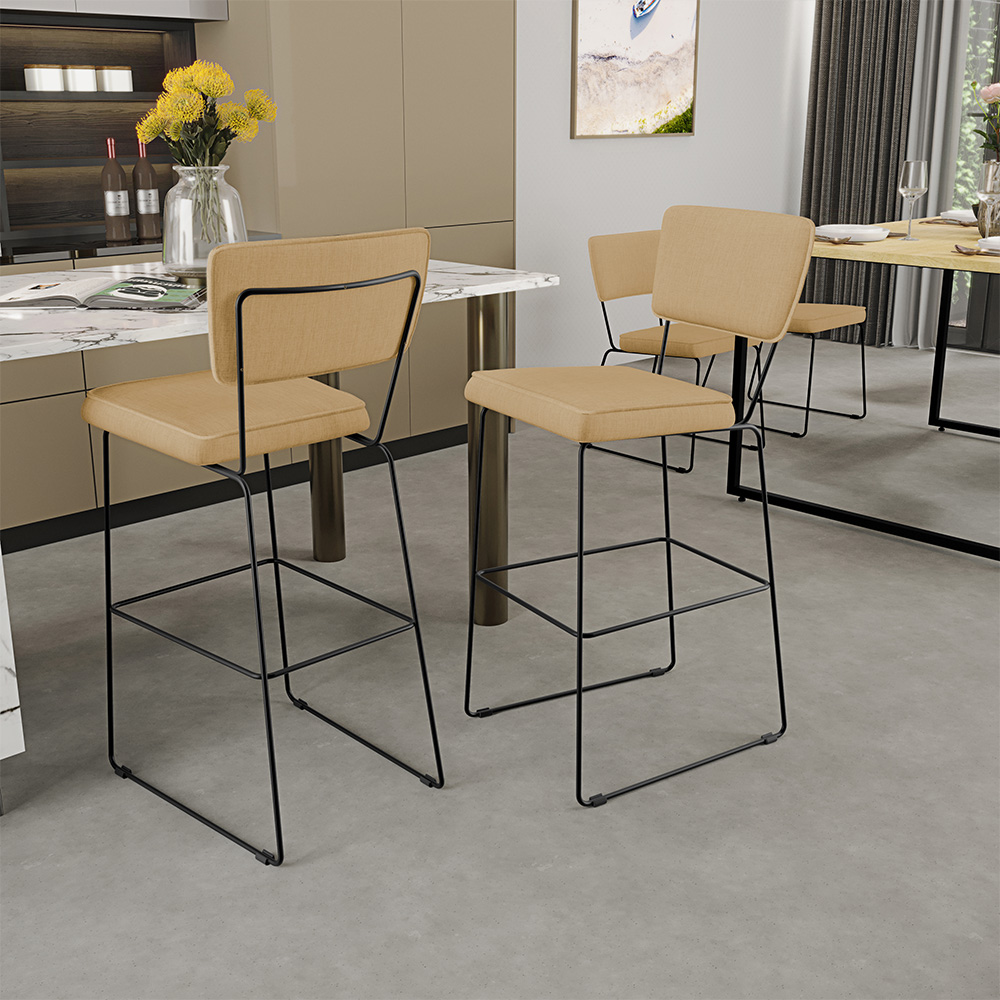 Banqueta Alta Para Cozinha Sala De Jantar Base em Aço Fixa Allana L02 Linho Bege Escuro - Lyam Decor