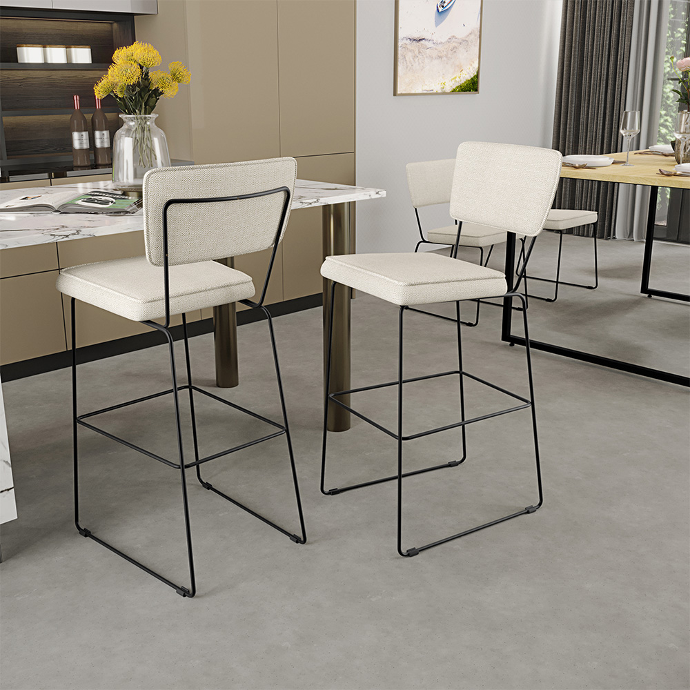 Banqueta Alta Para Cozinha Sala De Jantar Base em Aço Fixa Allana L02 Linho Champagne - Lyam Decor