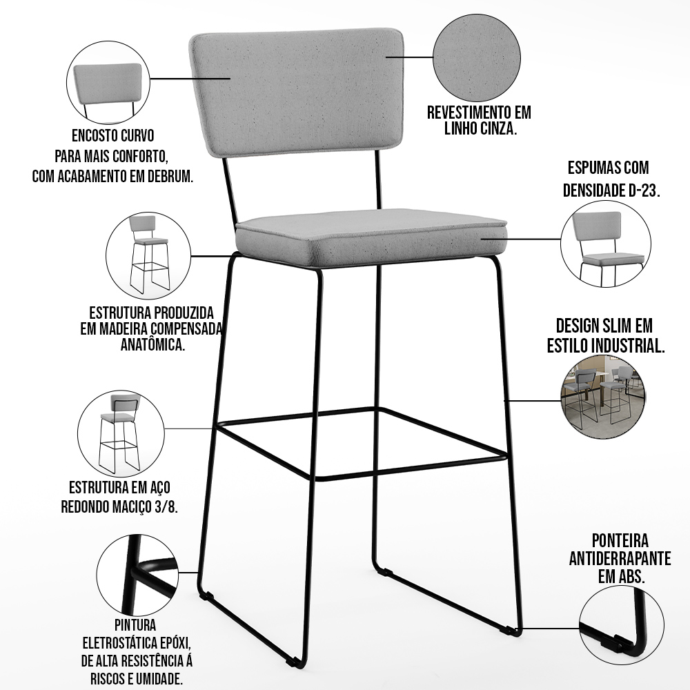Banqueta Alta Para Cozinha Sala De Jantar Base em Aço Fixa Allana L02 Linho Cinza - Lyam Decor