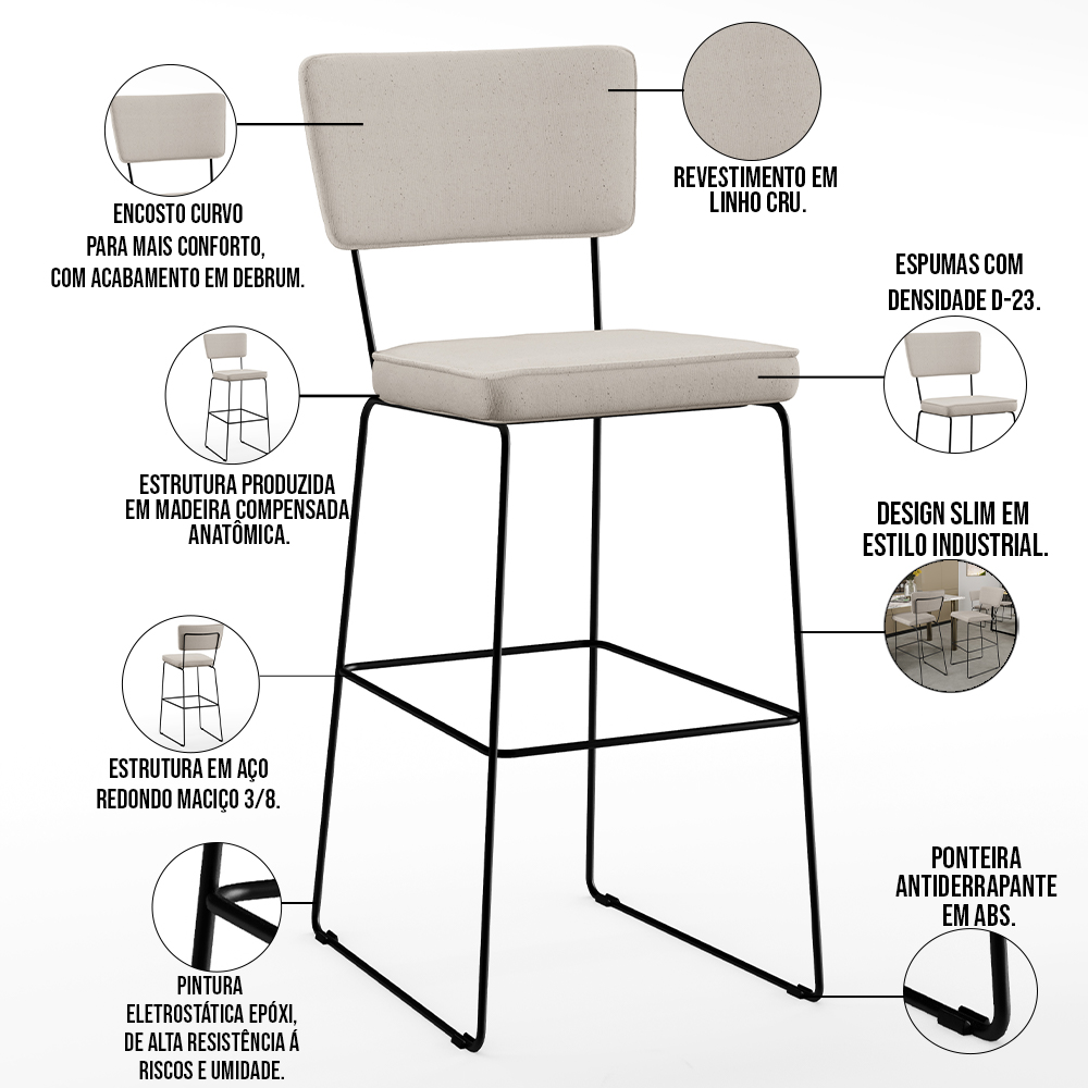 Banqueta Alta Para Cozinha Sala De Jantar Base em Aço Fixa Allana L02 Linho Cru - Lyam Decor