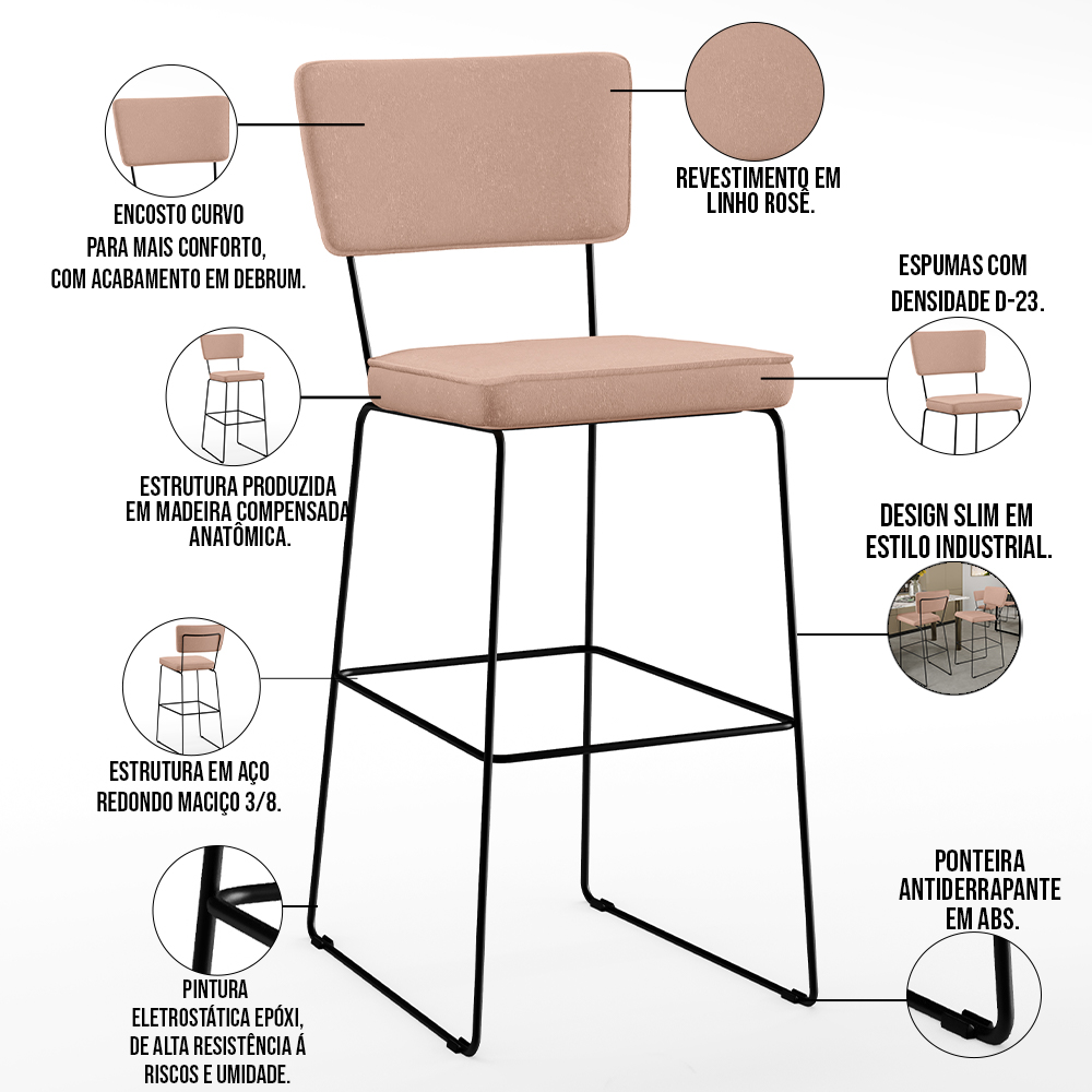 Banqueta Alta Para Cozinha Sala De Jantar Base em Aço Fixa Allana L02 Linho Rosê - Lyam Decor