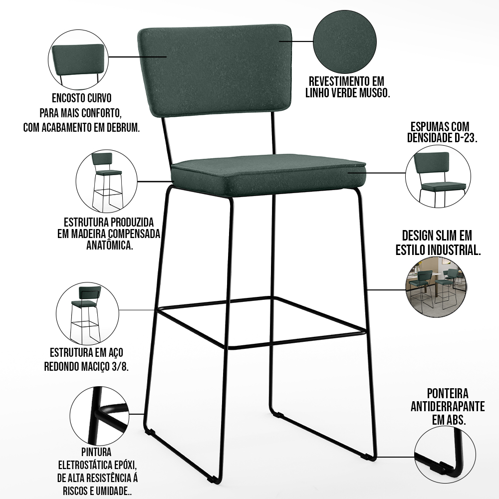 Banqueta Alta Para Cozinha Sala De Jantar Base em Aço Fixa Allana L02 Linho Verde Musgo - Lyam Decor