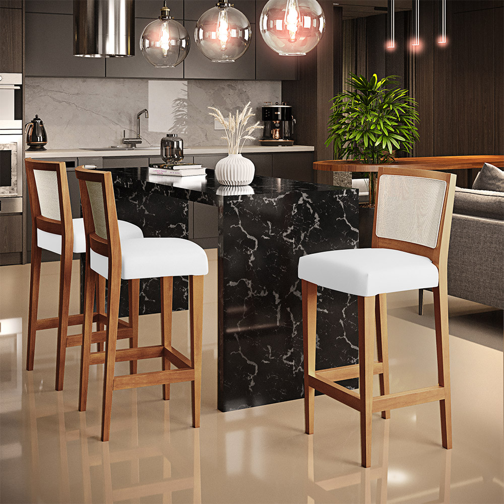 Banqueta Alta Para Cozinha Sala De Jantar Encosto Em Tela Branco Zion L02 Facto Branco - Lyam Decor