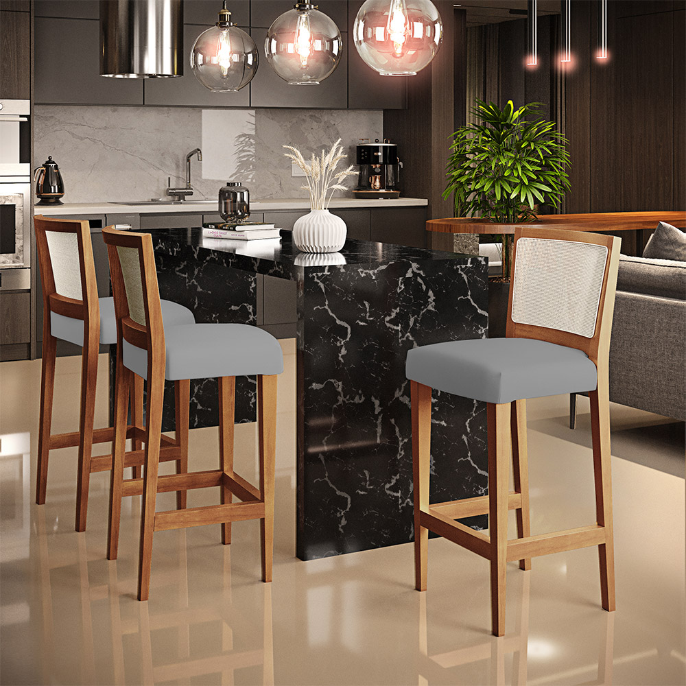 Banqueta Alta Para Cozinha Sala De Jantar Encosto Em Tela Branco Zion L02 Facto Cinza - Lyam Decor