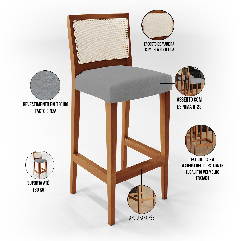 Banqueta Alta Para Cozinha Sala De Jantar Encosto Em Tela Branco Zion L02 Facto Cinza - Lyam Decor