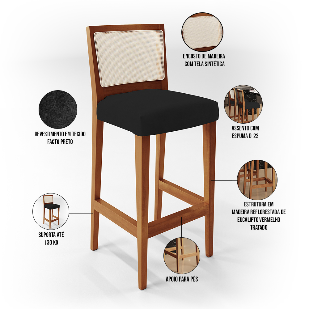 Banqueta Alta Para Cozinha Sala De Jantar Encosto Em Tela Branco Zion L02 Facto Preto - Lyam Decor