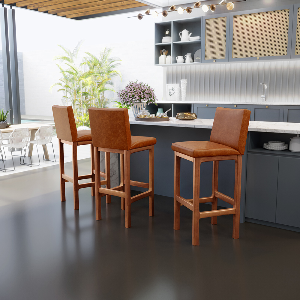 Banqueta Alta Para Cozinha Sala De Jantar Fixa Alya L02 Couríssimo Camel - Lyam Decor