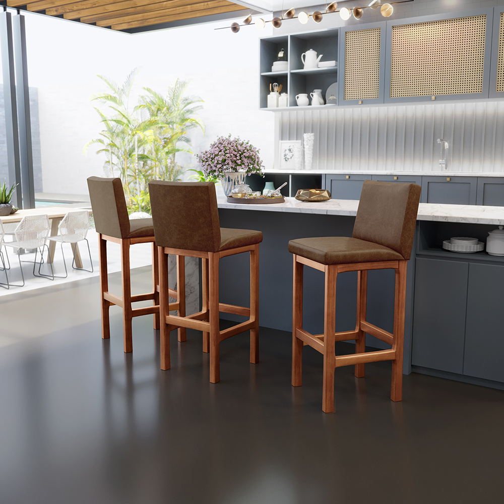 Banqueta Alta Para Cozinha Sala De Jantar Fixa Alya L02 Couríssimo Marrom - Lyam Decor