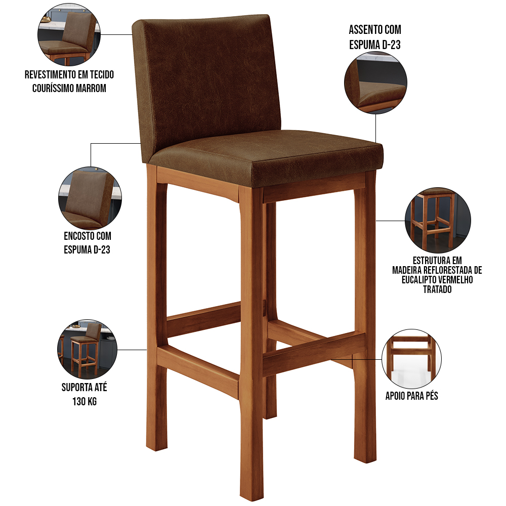 Banqueta Alta Para Cozinha Sala De Jantar Fixa Alya L02 Couríssimo Marrom - Lyam Decor